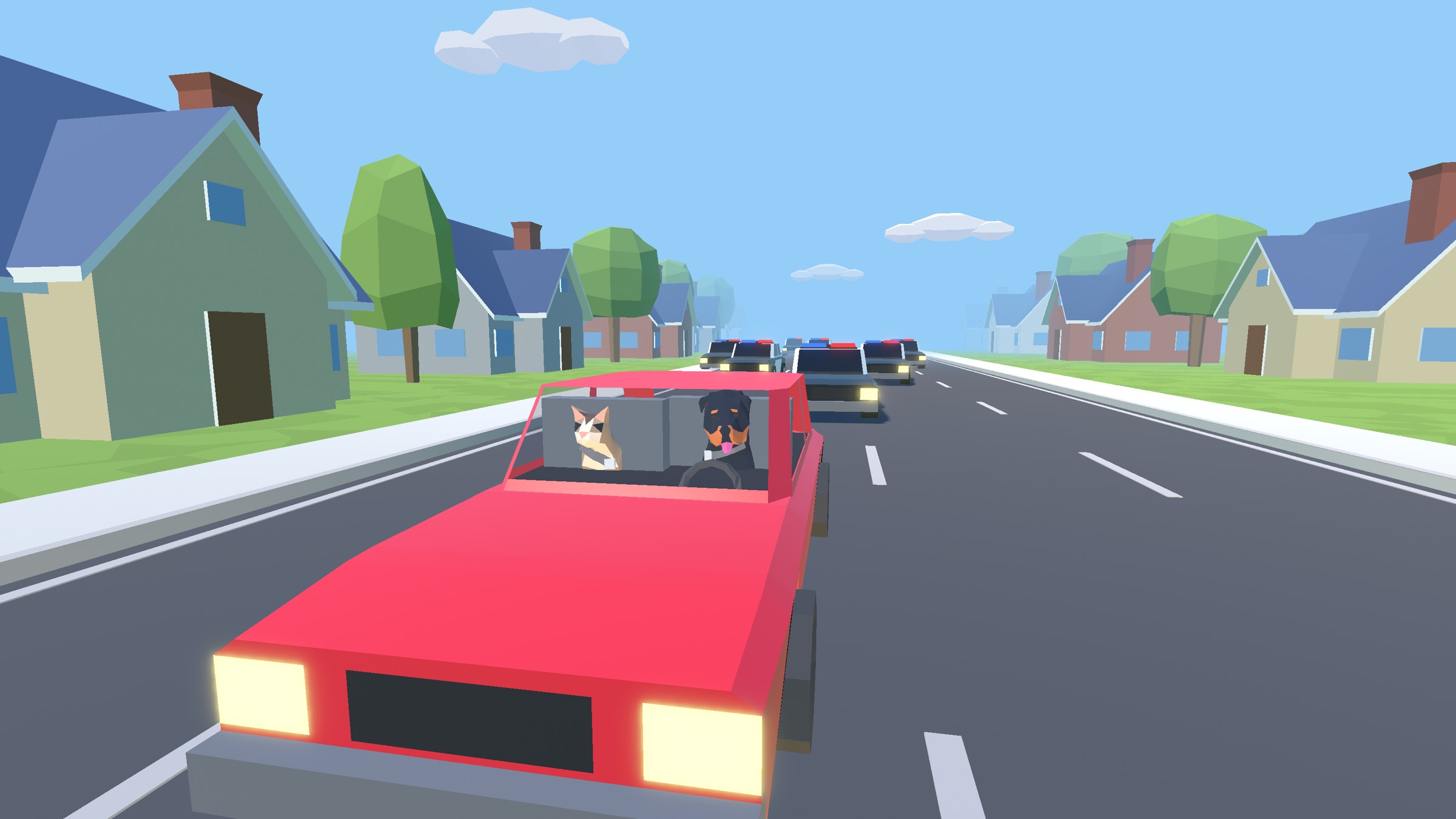A cat and a dog riding in a red convertible down a suburban street, with police cars chasing behind.