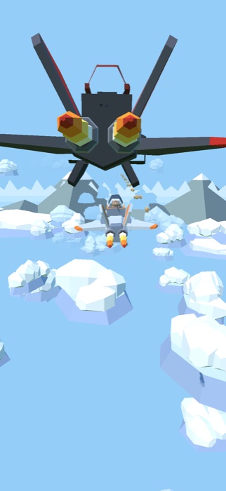 The cat flying a jet over an icy landscape with the dog's jet behind.